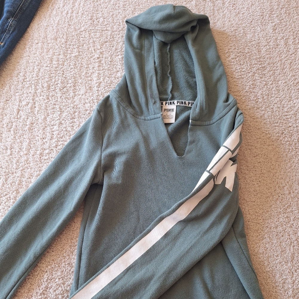 PINK Victoria's Secret V-neck Hoodie Sweater in Dusty Teal